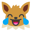 A brown fox creature with a wide, happy grin and bright blue tears of joy streaming from its eyes.