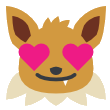 A brown fox-like creature with a white fluffy collar has bright pink heart-shaped eyes and a small fang showing.