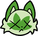 A stylized green cat face with X eyes and a sad mouth, looking fainted.
