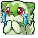 Green cat with large red eyes crying big blue tears while holding its paws together.