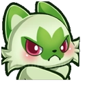 A green cat-like creature with a grumpy expression and pink flushed cheeks pouting.