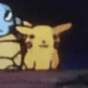 Pikachu with a blank, expressionless face staring forward in a low-resolution image.