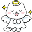 A white cat with closed eyes and a happy expression wearing angel wings and a glowing halo.