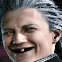 Vergil from Devil May Cry with a distorted, toothless, and goofy smiling expression.