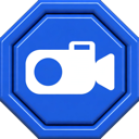 A white video camera icon centered inside a blue octagonal stop sign shape.