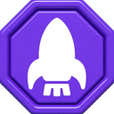 A white rocket ship icon centered inside a purple octagonal button.
