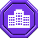 A white office building icon centered on a purple 3D octagonal button.