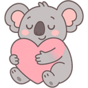 A cute gray koala with closed eyes holding a large pink heart.