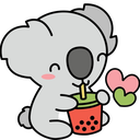 A cute gray koala sitting and drinking boba tea with a small pink heart floating nearby.