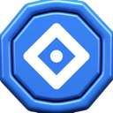 A blue octagonal icon with a white diamond shape and a small white circle in the center.