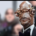A distorted caricature of a man in a tuxedo and glasses staring intensely with an unblinking expression.