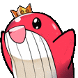 A cute pink whale wearing a golden crown bounces rhythmically up and down.