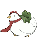 A white chicken wearing a red necktie carries a small green frog on its back.