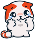 A white and orange cartoon cat with large, glossy eyes shedding happy tears while holding its paws up to its face.