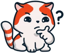 A white and orange cartoon cat looking confused with its hand on its chin and a question mark floating beside it.