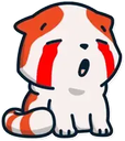 A stylized cat-like creature with wide eyes and mouth open, featuring bright red tear tracks streaming down its face.
