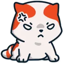 A small white and orange cat looking very angry with a vein symbol on its forehead.
