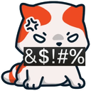A white and orange cartoon cat with an angry expression and a black bar with white symbols covering its mouth.