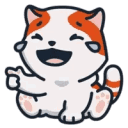 A white and orange cartoon cat laughing with tears in its eyes while pounding its fist on the ground.