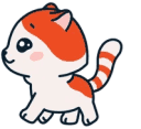 A small white and orange cat walking with a bouncy, rhythmic gait.