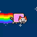 A pixelated cat with a pink Pop-Tart body flying through space, leaving a vibrant rainbow trail behind it.