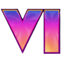The letters V and I in a neon purple, pink, and orange gradient with palm tree silhouettes on a black background.