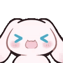 A cute white bunny with blushing cheeks and blue symbols for eyes, expressing extreme happiness.
