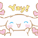 A cute white puppy with long ears jumps for joy surrounded by floating pink hearts and the word Yay in yellow text.