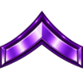 A metallic purple chevron insignia glowing against a black background.