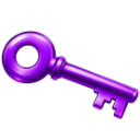 A stylized 3D key glowing with a vibrant purple light against a dark background.
