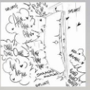 A line-art drawing of an open door surrounded by numerous scribbled thought bubbles and illegible text.