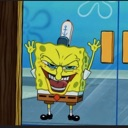 SpongeBob SquarePants with a sinister wide-eyed grin and hands raised in a plotting gesture.