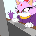 A purple cat with glasses typing on a laptop with a serious expression.