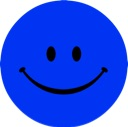 Blue smiley face with black eyes and a black curved mouth.
