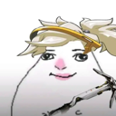 A white blob-shaped character with a smug expression, blonde hair, and a golden halo.