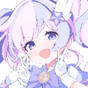 Anime girl with purple hair making a peace sign with both hands and a happy expression.