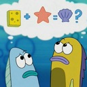 Two fish looking up at a thought bubble containing a math equation with a sponge, starfish, and seashell.