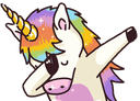 A cartoon unicorn with a rainbow mane and gold horn performing a dabbing pose.