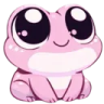 A small pink frog with giant, glossy black eyes and a gentle smile looking directly forward.
