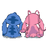 Two pixelated creatures sitting side by side and leaning into each other until a pink heart appears above them.