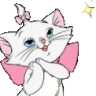 Marie the white kitten with a pink bow looking coy and smug.