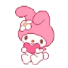 My Melody the rabbit holding a pink heart with a flower in her hair.