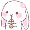 A cute white bunny with a small pink flower on its head, calmly drinking from a bubble tea cup.