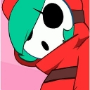 A masked character with teal hair and a red hood peeking from the side.