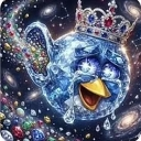 A blue, diamond-textured bird wearing a jeweled crown, laughing joyfully against a starry space background.