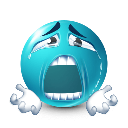 A blue spherical face with a wide open mouth and hands raised in a gesture of extreme despair and frustration.