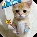 A ginger kitten stands upright holding a star wand and a potion bottle under a victory royale banner.