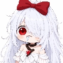 A chibi anime girl with long white hair and a red bow drooling with a dazed expression.