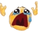 Yellow emoji face with a wide open mouth screaming and large blue tears flowing while holding hands up in distress.