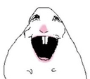 A stylized white creature with a wide-open mouth and two prominent front teeth expressing intense happiness.